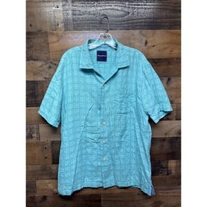 Tommy Bahama Mens Teal Plaid Short Sleeve Silk Blend Button Up Shirt L G